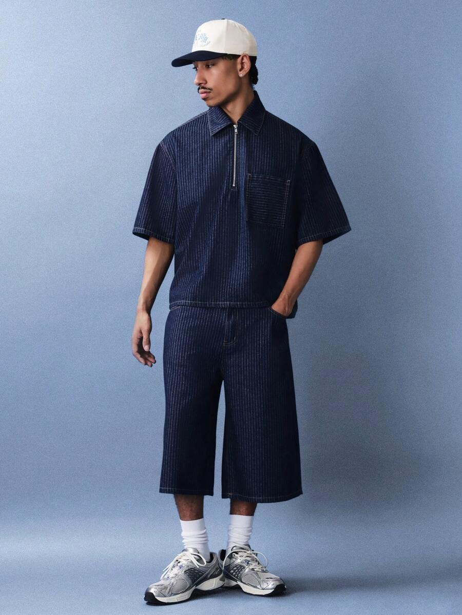 Indigo Pinstripe Quarter-Zip men's shirt - piqué cotton with metal zip
