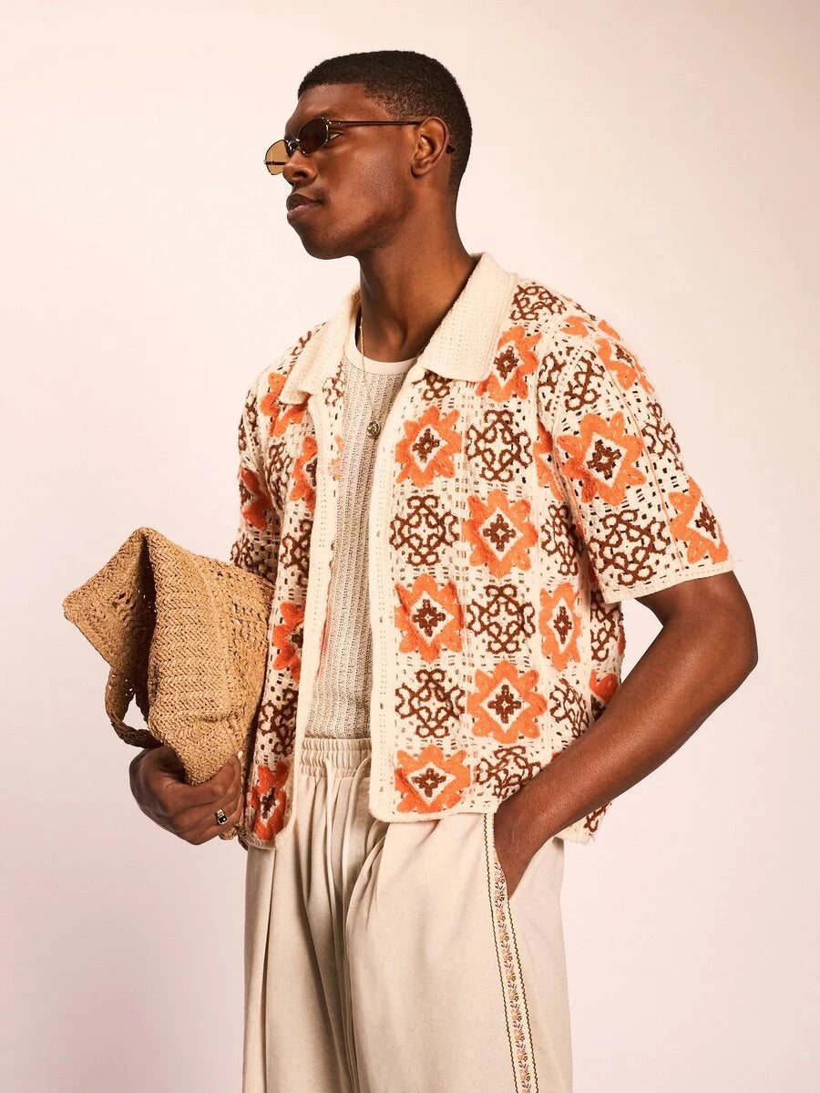 Sunset Coral Linen-Mix men's shirt - cotton-linen blend with camp collar